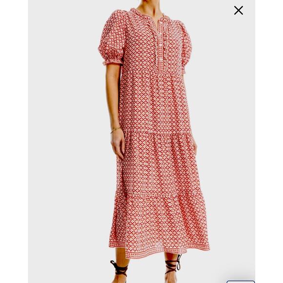 Max Studio Red Floral Prairie Maxi Dress XS Boho Tiered Ruffle Cottagecore - Picture 1 of 7